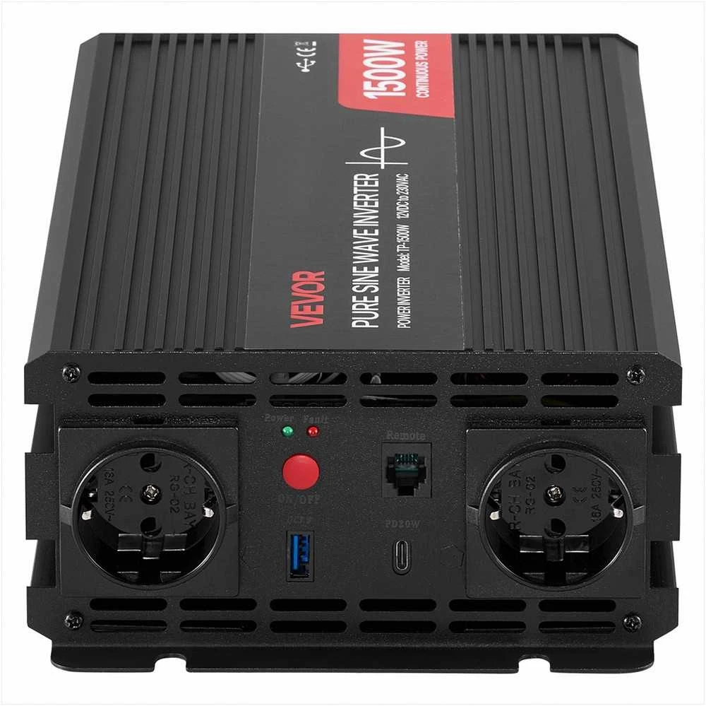 1500W įtampos keitiklis, grynos sinusinės bangos inverteris kemperiams ir sunkvežimiams, su nuotolinio valdymo pultu, USB ir Type-C jungtimis, 2 AC lizdais, greito įkrovimo srovės keitiklis automobiliui