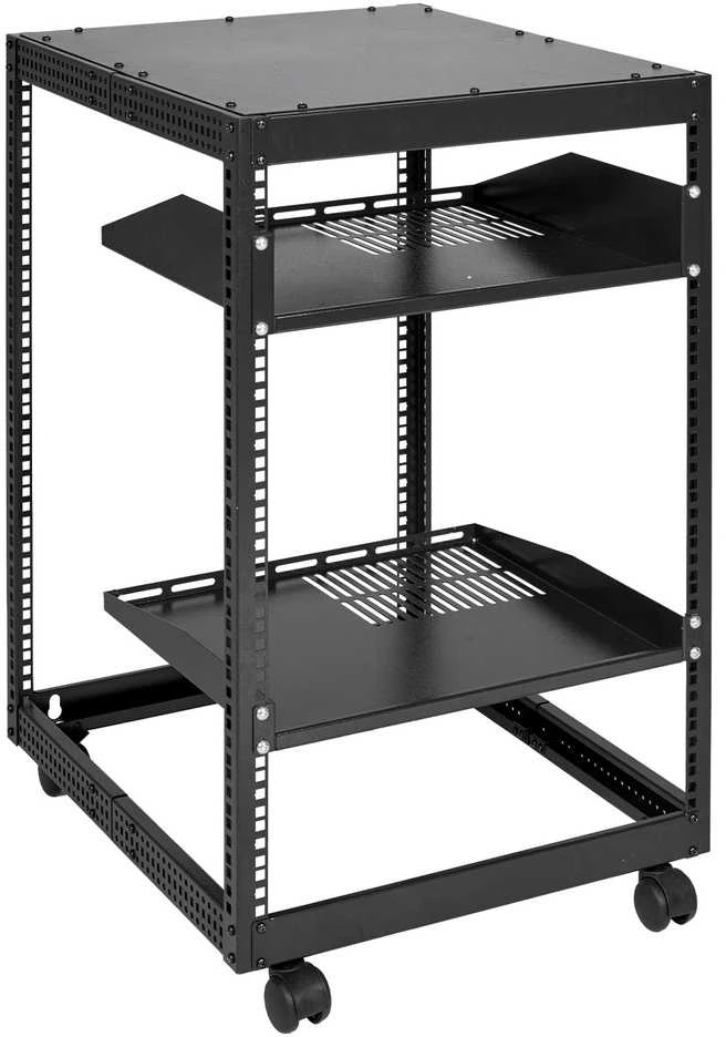 15U atviro rėmo serverio stovas, 58.42-101.6cm, pastatomas/sieninis, 4 postų AV stovas su ratukais, tinklo įrangai, maršrutizatoriui, modemui