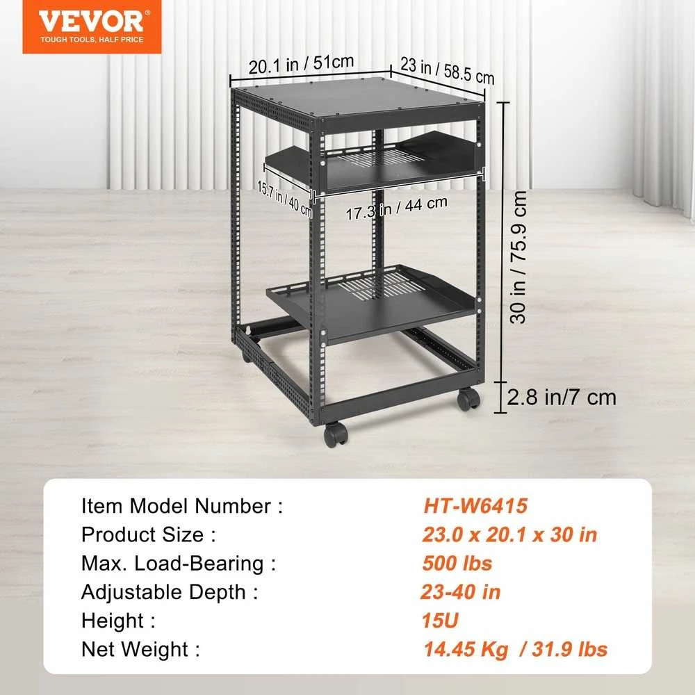 15U atviro rėmo serverio stovas, 58.42-101.6cm, pastatomas/sieninis, 4 postų AV stovas su ratukais, tinklo įrangai, maršrutizatoriui, modemui