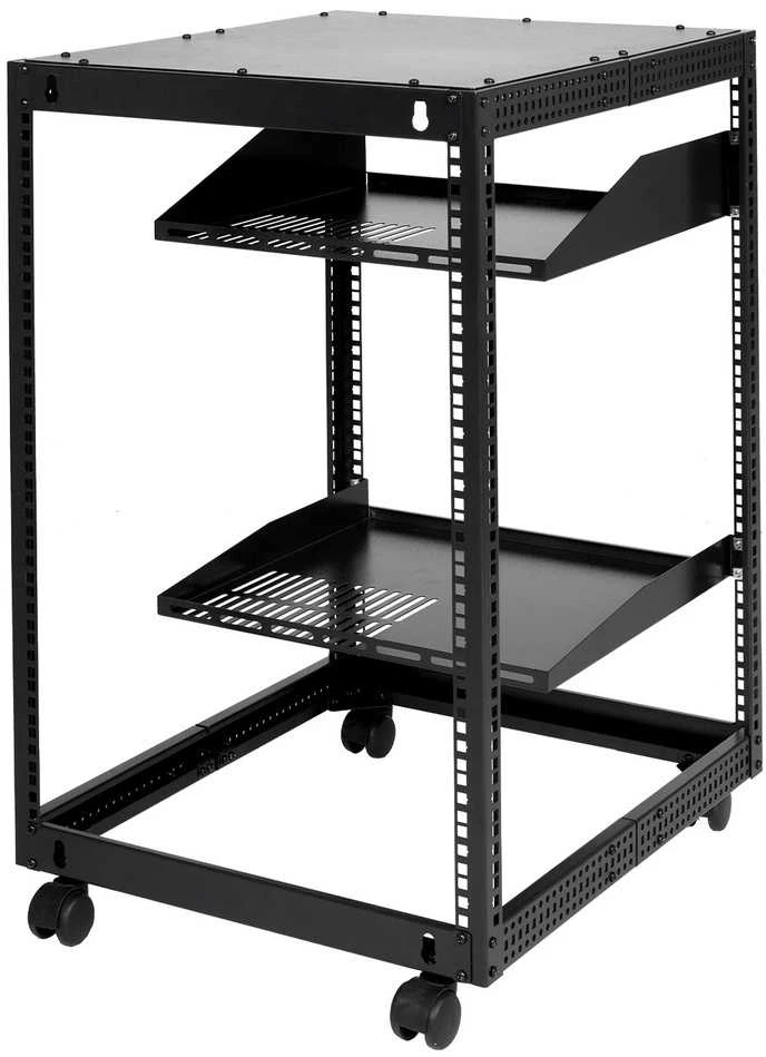 15U atviro rėmo serverio stovas, 58.42-101.6cm, pastatomas/sieninis, 4 postų AV stovas su ratukais, tinklo įrangai, maršrutizatoriui, modemui