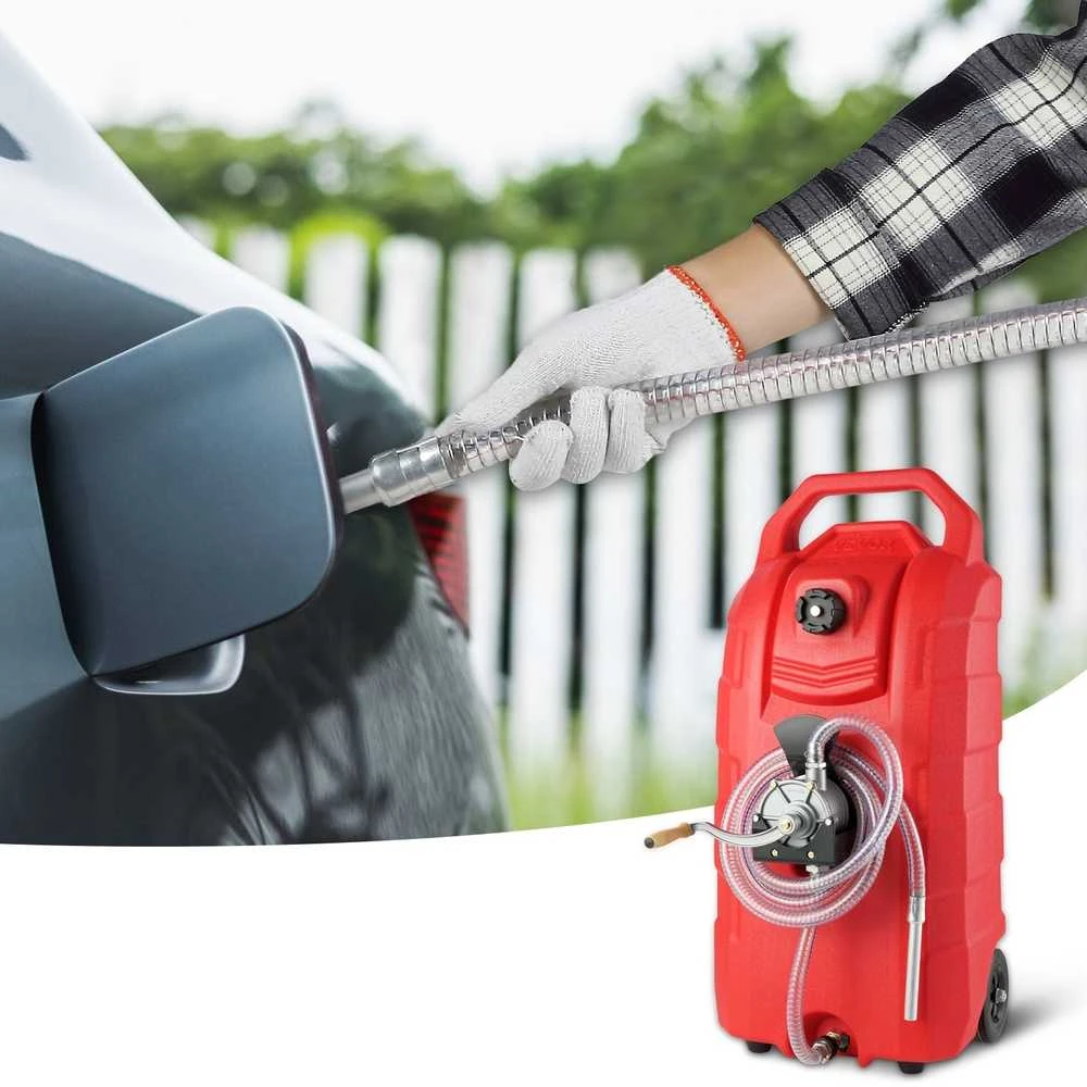 16 galonų degalų vežimėlis, nešiojamas benzino laikymo bakas su rankiniu siurbliu ir guminiais ratais