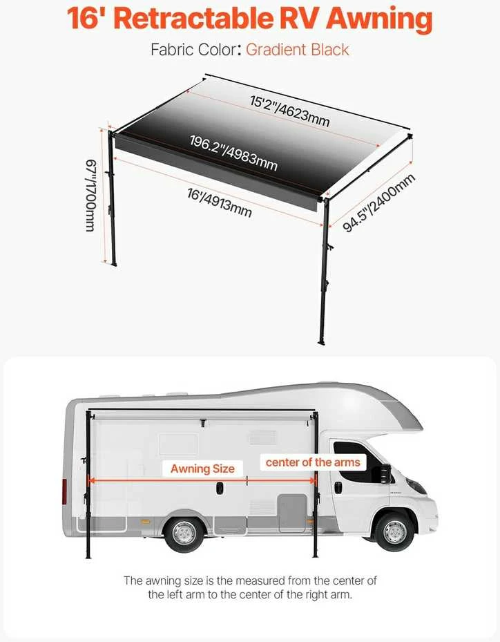 16' RV Pakeitimo Markizė, Rankinė Priekabos Markizė, skirta DC12V RV, Gradiento Juoda Markizė
