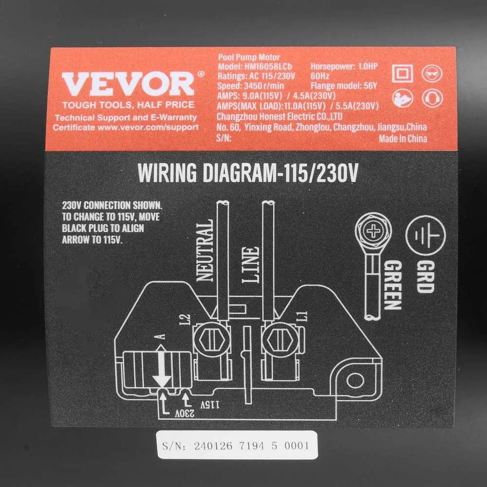 1AG Baseino Siurblio Variklis, 115/230V Pakeitimo Variklis Baseinui, 3450RPM 56Y Flanšinis Variklis, Didelio Efektyvumo Baseino Siurblio Variklis