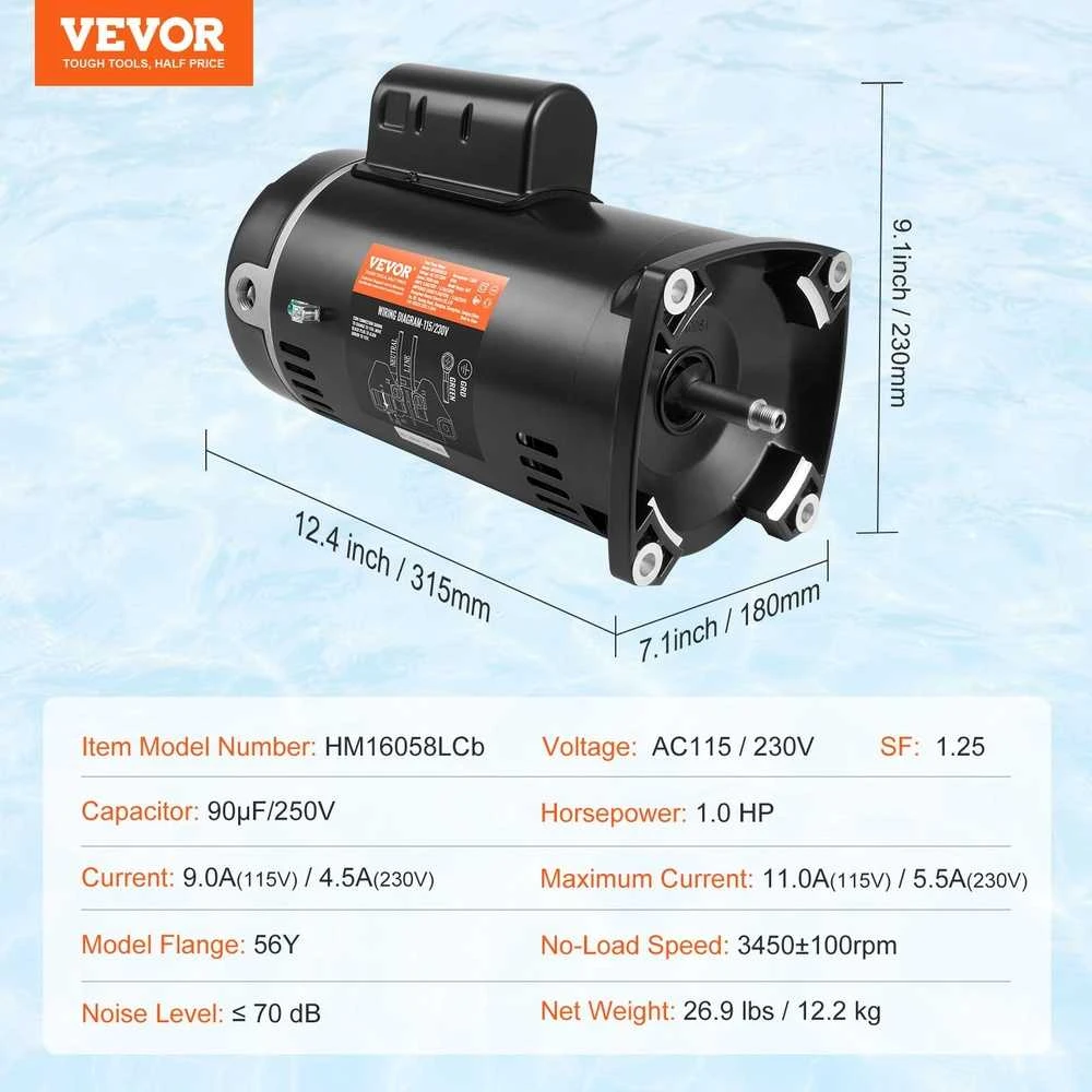 1AG Baseino Siurblio Variklis, 115/230V Pakeitimo Variklis Baseinui, 3450RPM 56Y Flanšinis Variklis, Didelio Efektyvumo Baseino Siurblio Variklis