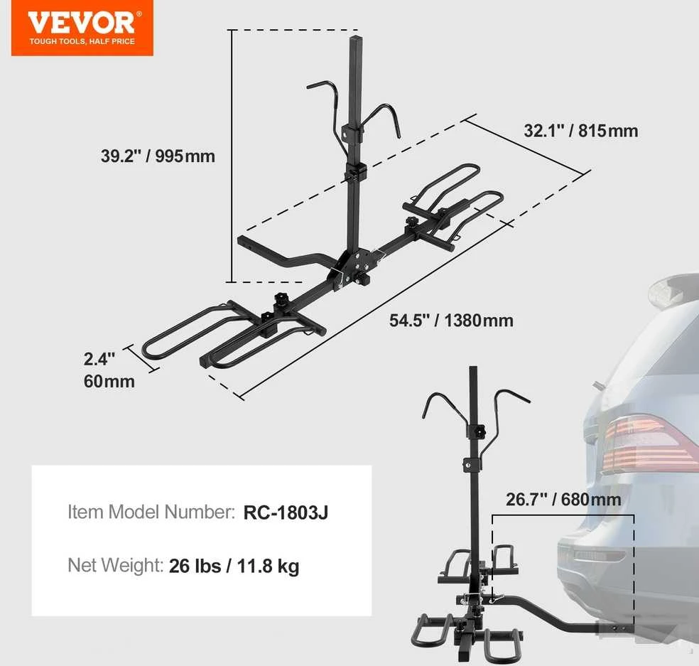 2 Dviračių Platforma - Pakreipiamas, Sulankstomas Dviračių Laikiklis Automobiliui, Visureigiui, Kemperiui (36.3kg)