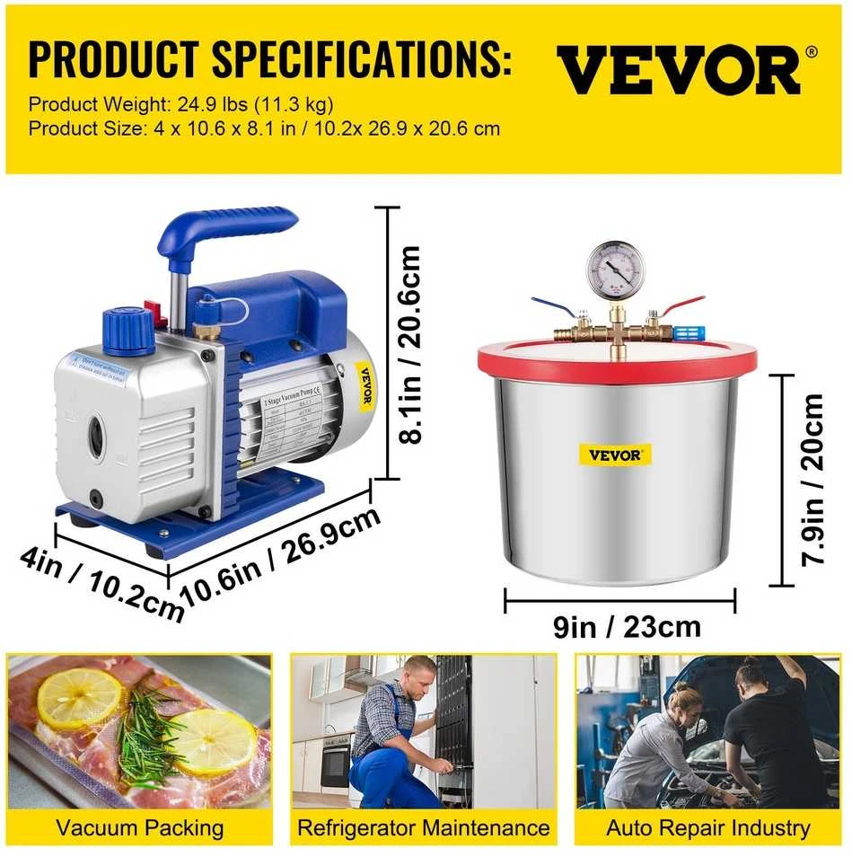 VEVOR 2 galonų vakuuminė kamera su silikono epoksidinėmis dujomis 4CFM 1\/3HP siurblys