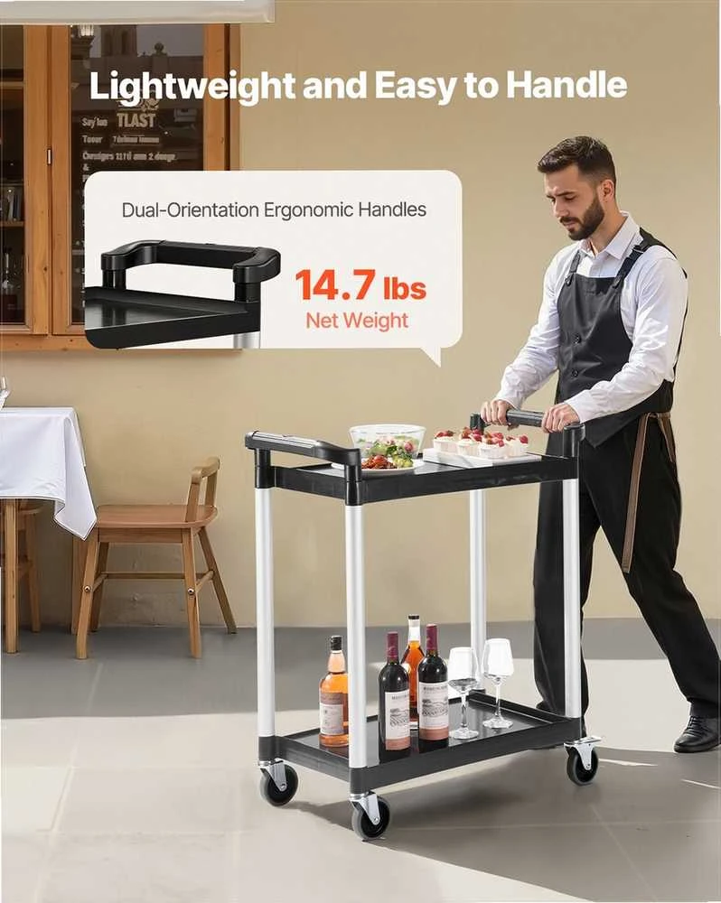 2 lentynų plastikinis universalus vežimėlis, 136 kg keliamoji galia su pasukamais ratukais ir stabdžiais, maisto aptarnavimo vežimėlis sandėliui biurui namams restoranui virtuvei, stumdomas lentynų vežimėlis