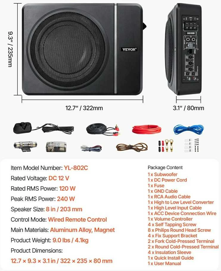 20 cm aktyvus automobilio žemų dažnių garsiakalbis, plonas, po sėdyne, 240W, sunkvežimiui, visureigiui