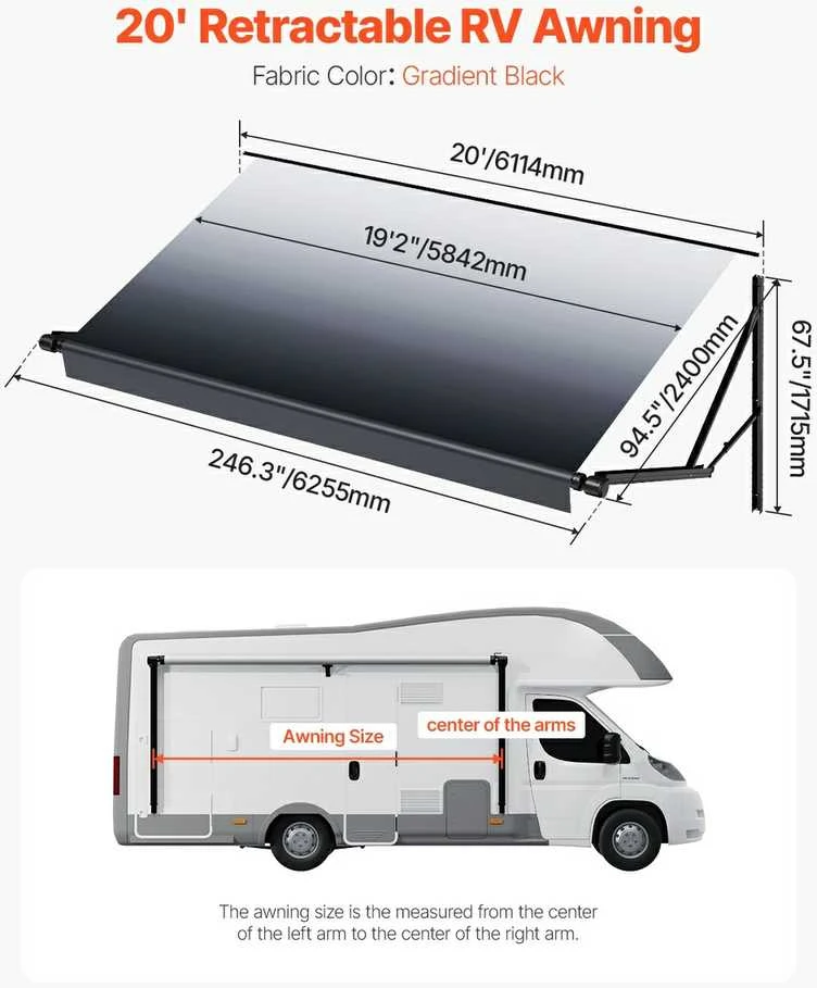 20' RV Pakeitimo Elektrinė Markizė, DC12V Priekabos Markizė Kempingui, Vandeniui Atsparus RV Pavėsis