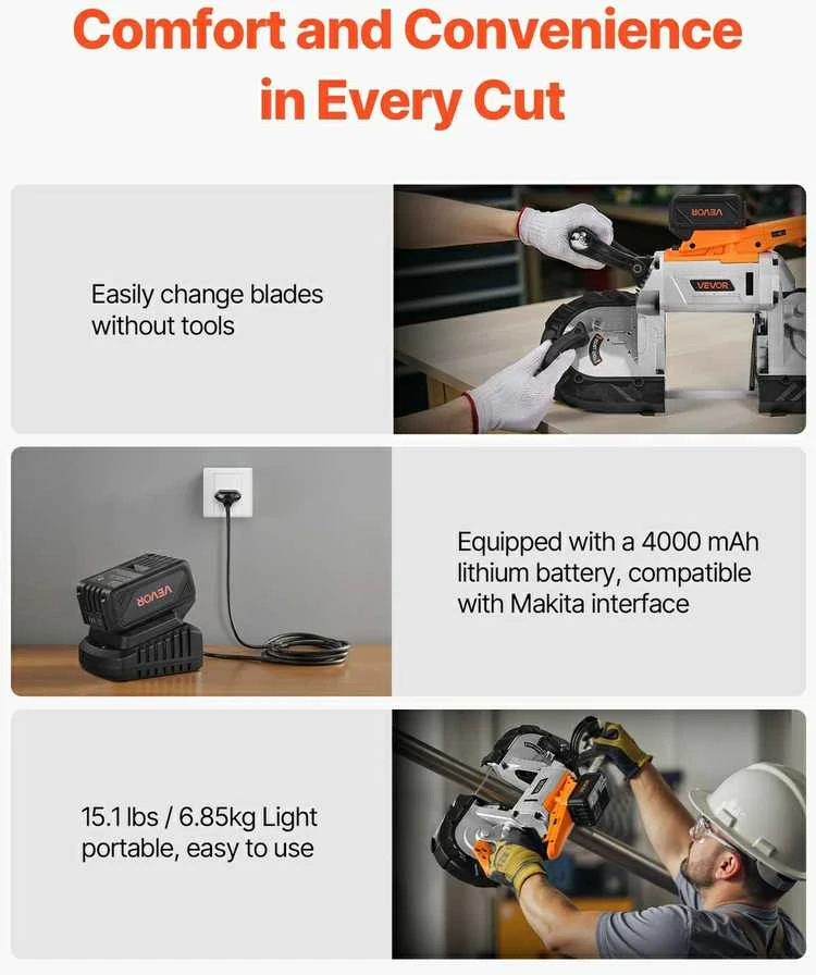20 V akumuliatorinis juostinis pjūklas, 127 mm, metalui/medienai, 0-192 m/min, bešepetėlis, su baterija ir įkrovikliu, galingas nešiojamas juostinis pjūklas pjovimo staklės