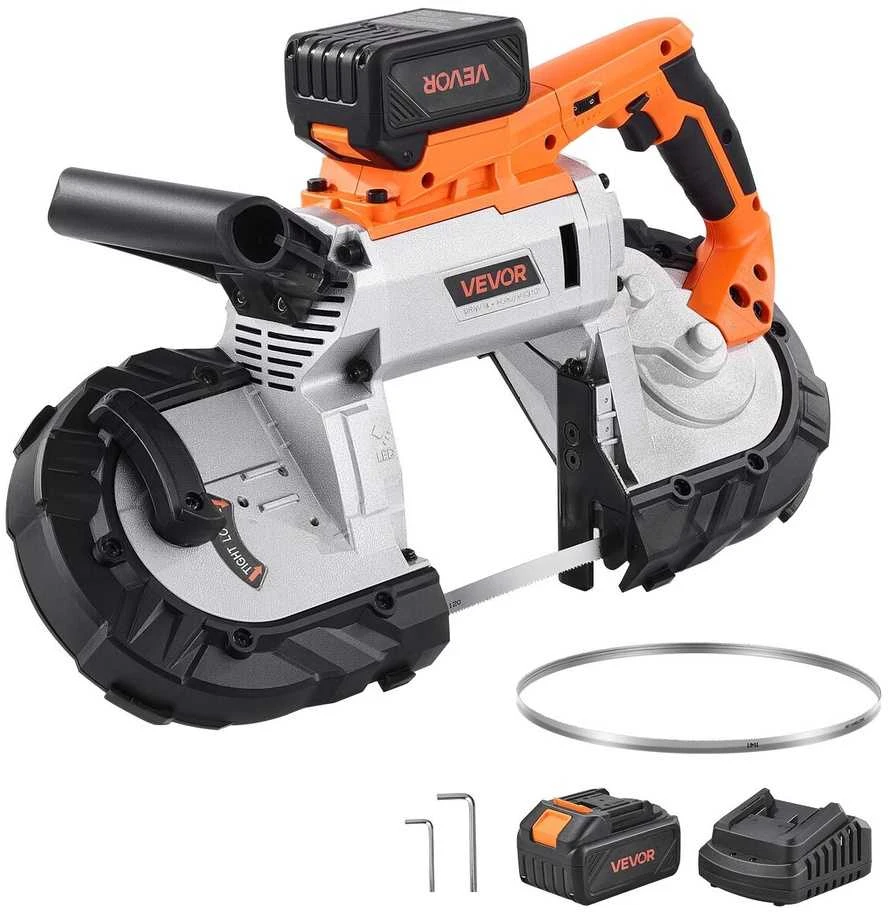 20 V akumuliatorinis juostinis pjūklas, 127 mm, metalui/medienai, 0-192 m/min, bešepetėlis, su baterija ir įkrovikliu, galingas nešiojamas juostinis pjūklas pjovimo staklės