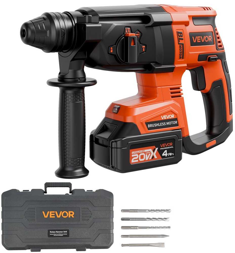 VEVOR 20 V akumuliatorinis SDS-Plus gręžtuvas-plaktukas, 4 funkcijų, bešepetėlis, betonui, smūginis gręžtuvas, perforatorius