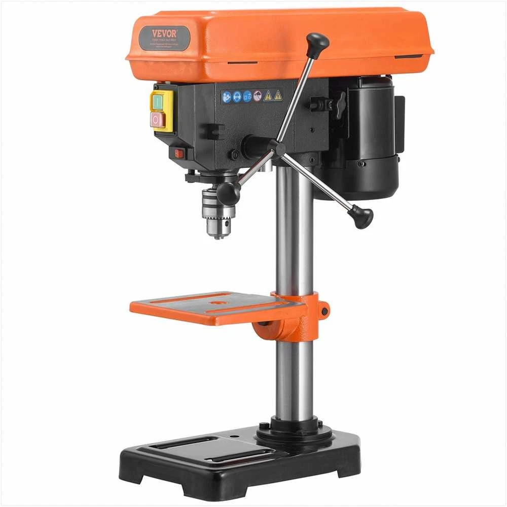 203.2 mm stalinės gręžimo staklės, 500W indukcinis variklis, reguliuojamas greitis 500-2500 RPM, pakreipiamas darbastalis, medžio ir metalo gręžimui, stacionarus gręžtuvas