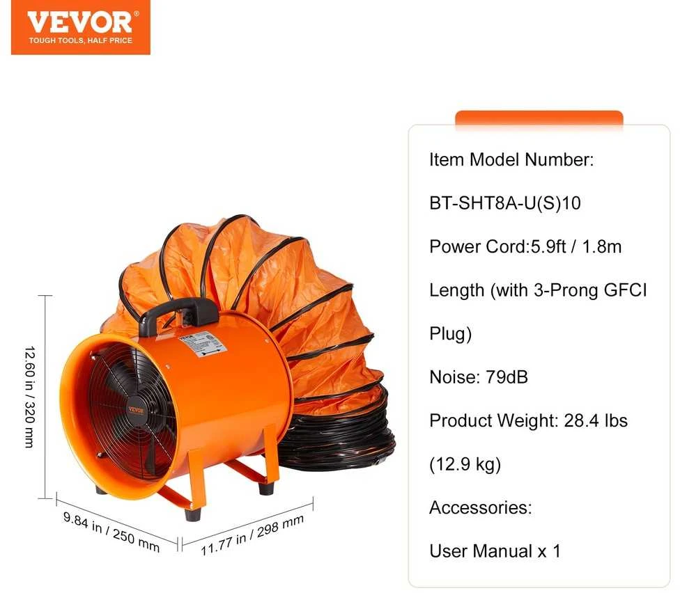 203.2mm Nešiojamas ištraukimo ventiliatorius su 10m žarna, pramoninis ventiliatorius
