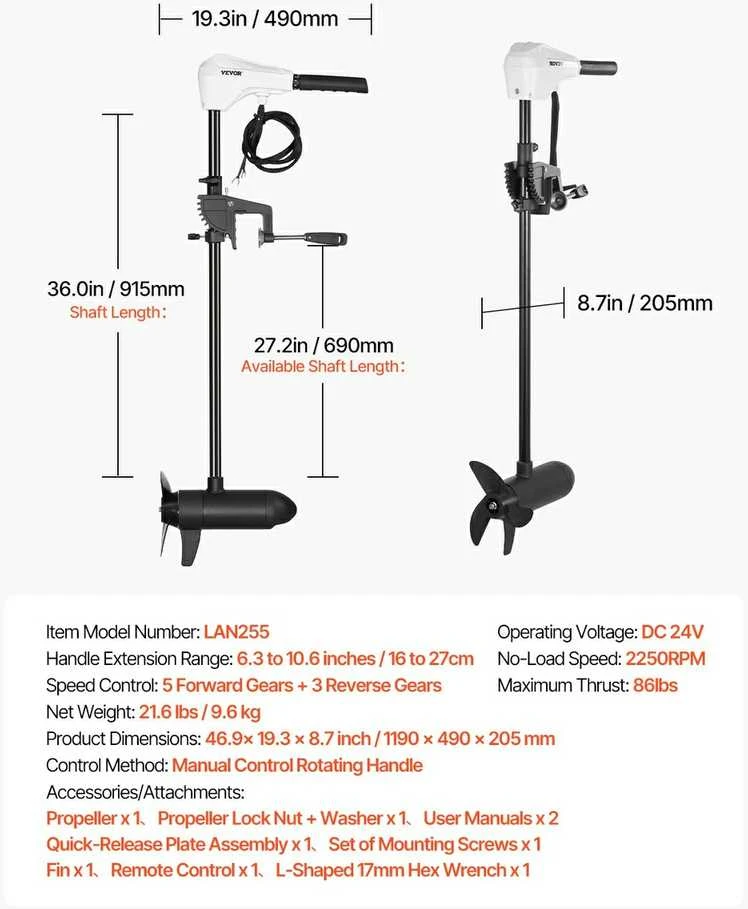 24V elektrinis velkiavimo variklis, 86lbs trauka, valties variklis, reguliuojamas velenas, rankinis valdymas, 91.4 cm velenas