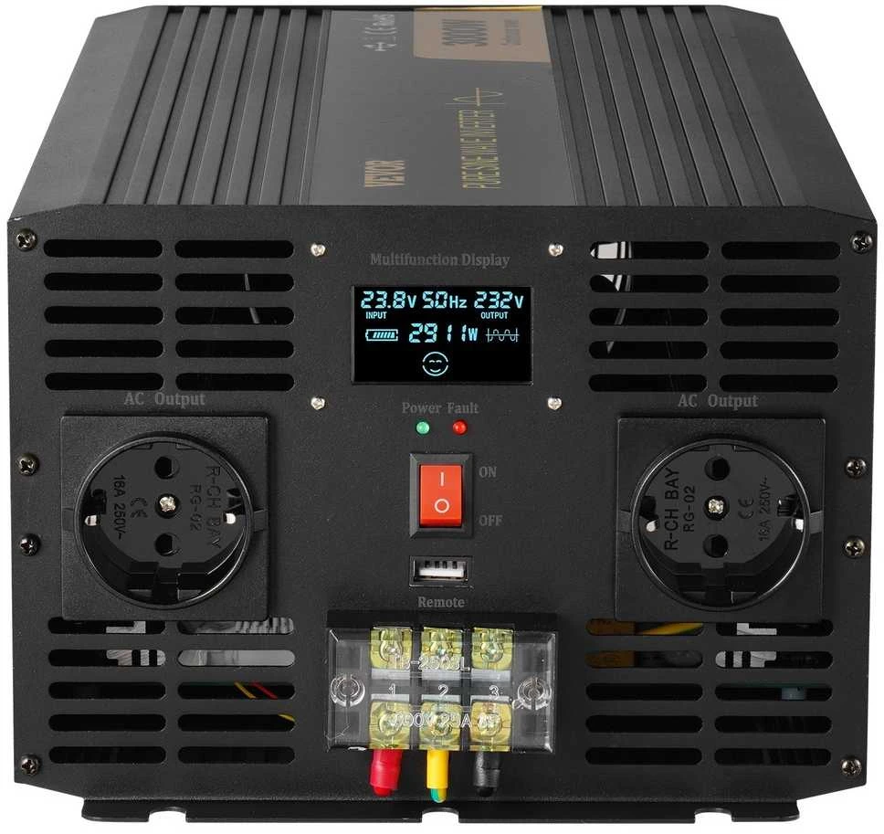 24V į 230V grynos sinusinės bangos galios keitiklis, 3000W DC-AC keitiklis, jautriai elektronikai