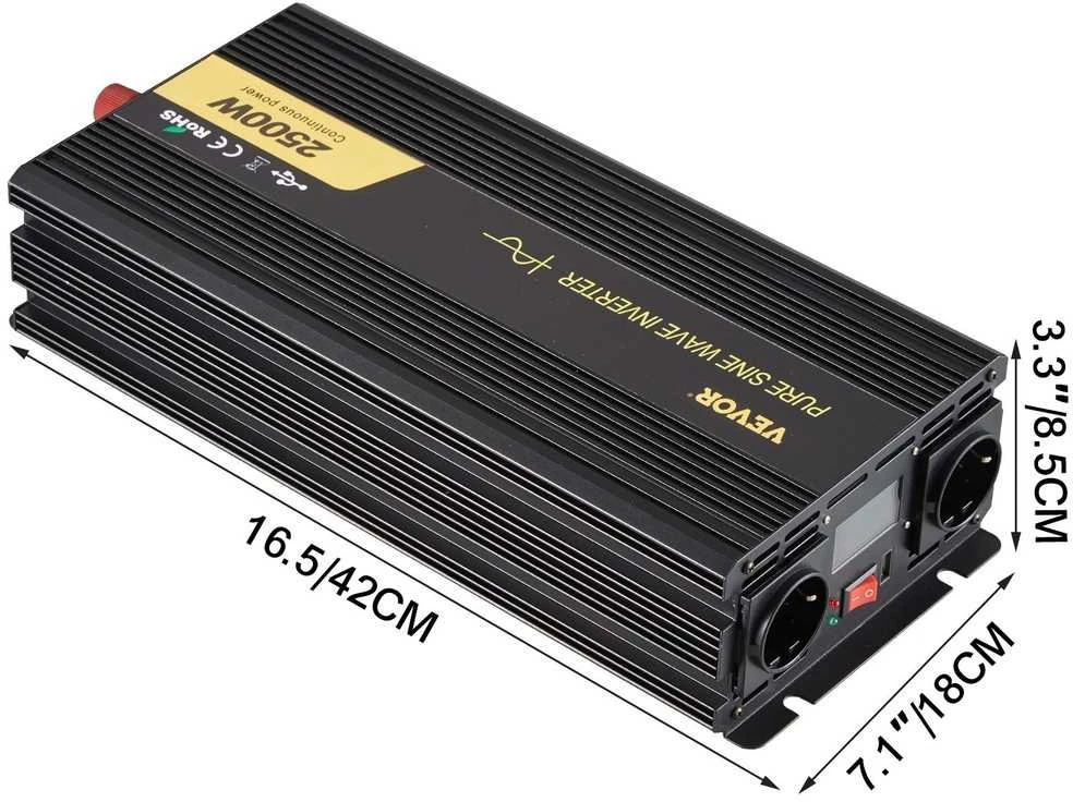 2500W grynos sinusinės bangos galios keitiklis, 12V į 230V, su LCD ekranu