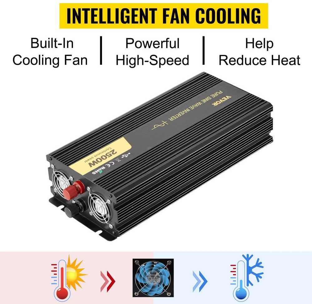 2500W grynos sinusinės bangos galios keitiklis, 12V į 230V, su LCD ekranu