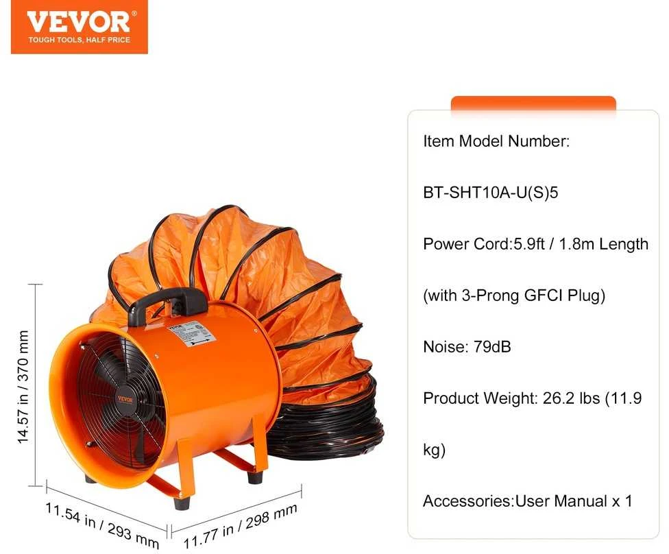 VEVOR 254 mm ištraukimo ventiliatorius su lanksčia žarna