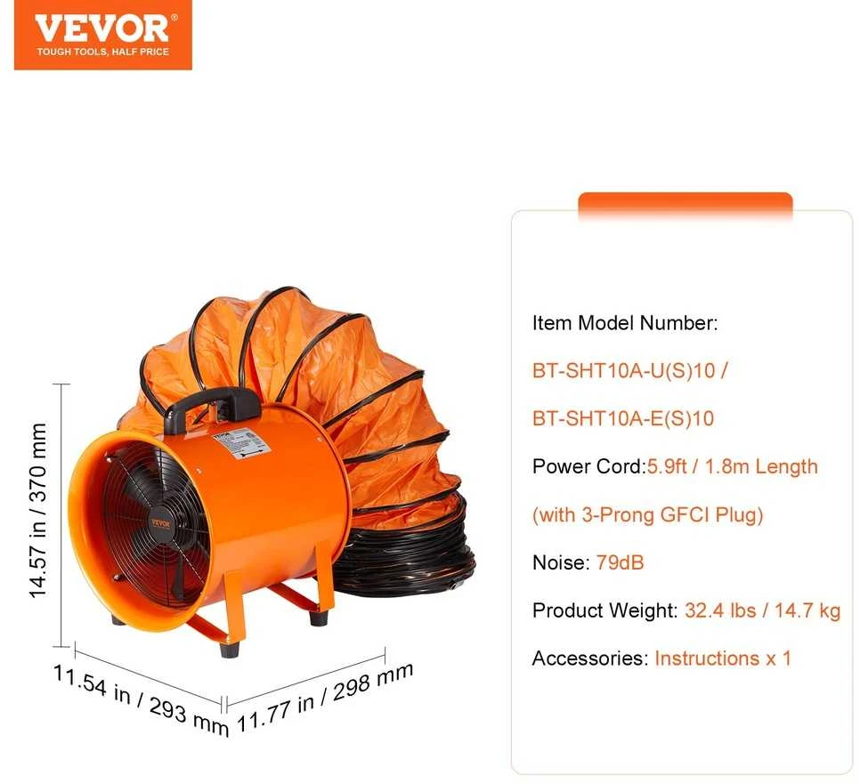 VEVOR 254mm Nešiojamas ištraukimo ventiliatorius su 10m ortakiu, didelio greičio ventiliatorius