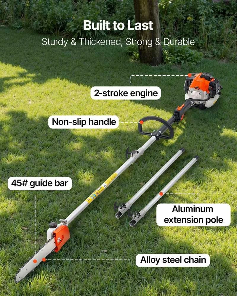 25CC Benzininis genėjimo pjūklas su stulpu, ištraukiamas medžių genėjimo grandininis pjūklas su 30.5 cm juosta, belaidis trimeris sodo darbams, galingas šakų pjovimui