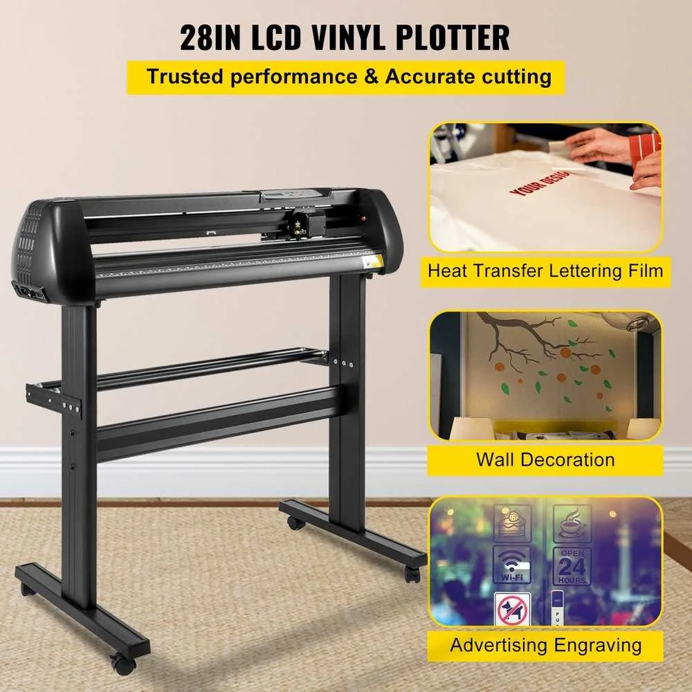 28 colių vinilo pjaustytuvas, reguliuojamas greitis ir jėga, didelis tikslumas, dviguba ritinėlių sistema, skaitmeninis LCD ekranas, USB ir COM sąsaja, „SignMaster“ programinė įranga, tvirtas grindų stovas