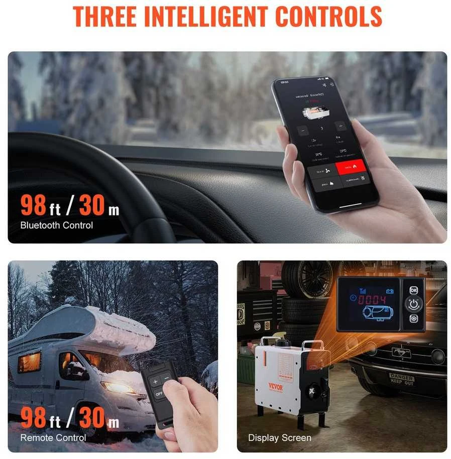2kW Dyzelinis Šildytuvas 12V/24V su Bluetooth, Nešiojamas Oro Šildytuvas RV, Kempingui, Garažui, su CO Signalizacija, Nuotolinio Valdymo Pultu, Greitas Šildymas