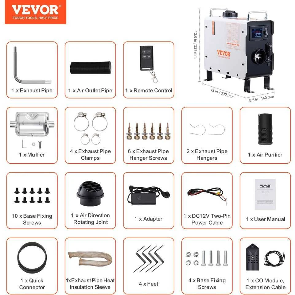 2kW Dyzelinis Šildytuvas 12V/24V su Bluetooth, Nešiojamas Oro Šildytuvas RV, Kempingui, Garažui, su CO Signalizacija, Nuotolinio Valdymo Pultu, Greitas Šildymas