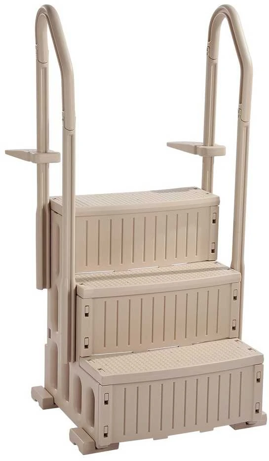 3 pakopų baseino kopėčios 91,4-121,9 cm baseinams, dvigubos turėklos, iki 181,4kg, taupe neslystančios baseino laiptai, sunkiosios reguliuojamos plaukimo baseino įėjimo pakopos