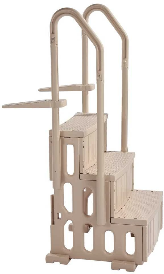 3 pakopų baseino kopėčios 91,4-121,9 cm baseinams, dvigubos turėklos, iki 181,4kg, taupe neslystančios baseino laiptai, sunkiosios reguliuojamos plaukimo baseino įėjimo pakopos