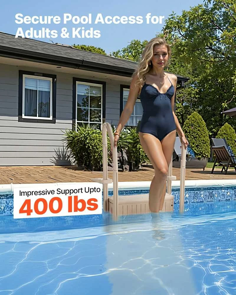 3 pakopų baseino kopėčios 91,4-121,9 cm baseinams, dvigubos turėklos, iki 181,4kg, taupe neslystančios baseino laiptai, sunkiosios reguliuojamos plaukimo baseino įėjimo pakopos