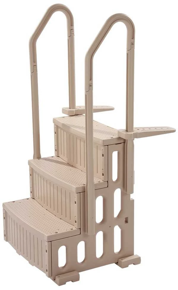 3 pakopų baseino kopėčios 91,4-121,9 cm baseinams, dvigubos turėklos, iki 181,4kg, taupe neslystančios baseino laiptai, sunkiosios reguliuojamos plaukimo baseino įėjimo pakopos