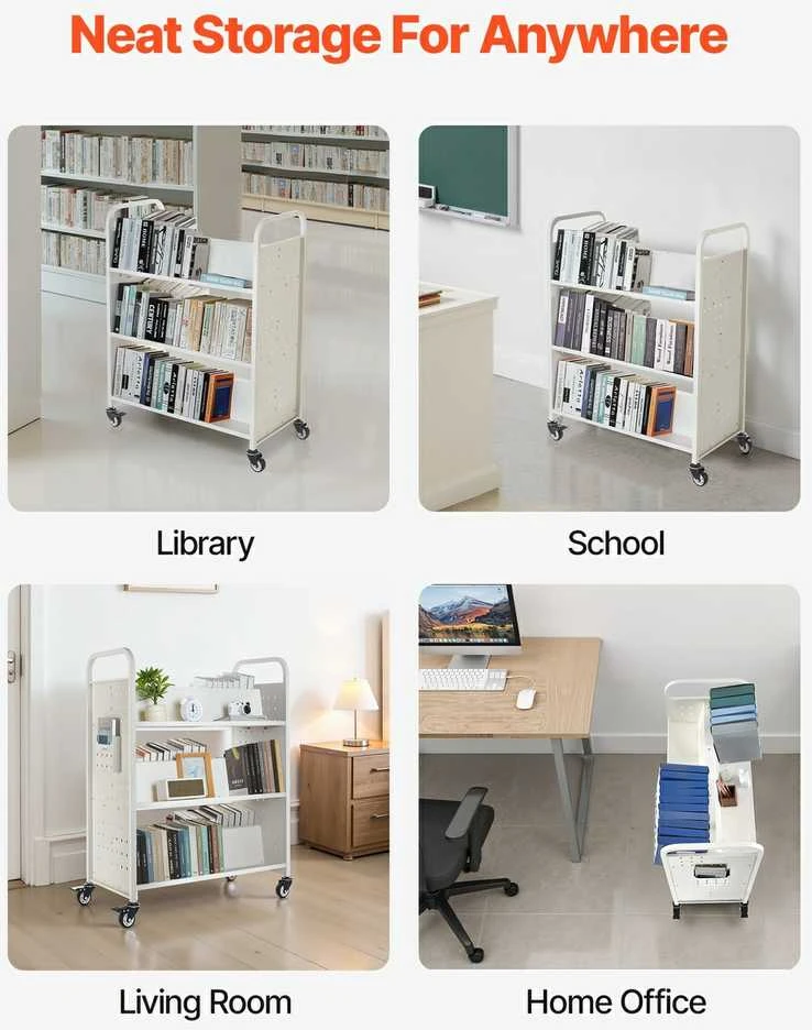 3 pakopų mobili bibliotekėlė, dvigubos W formos lentynos, balta, tvirta, biuro, mokyklos, knygų vežimėlis, dokumentų laikymo stendas