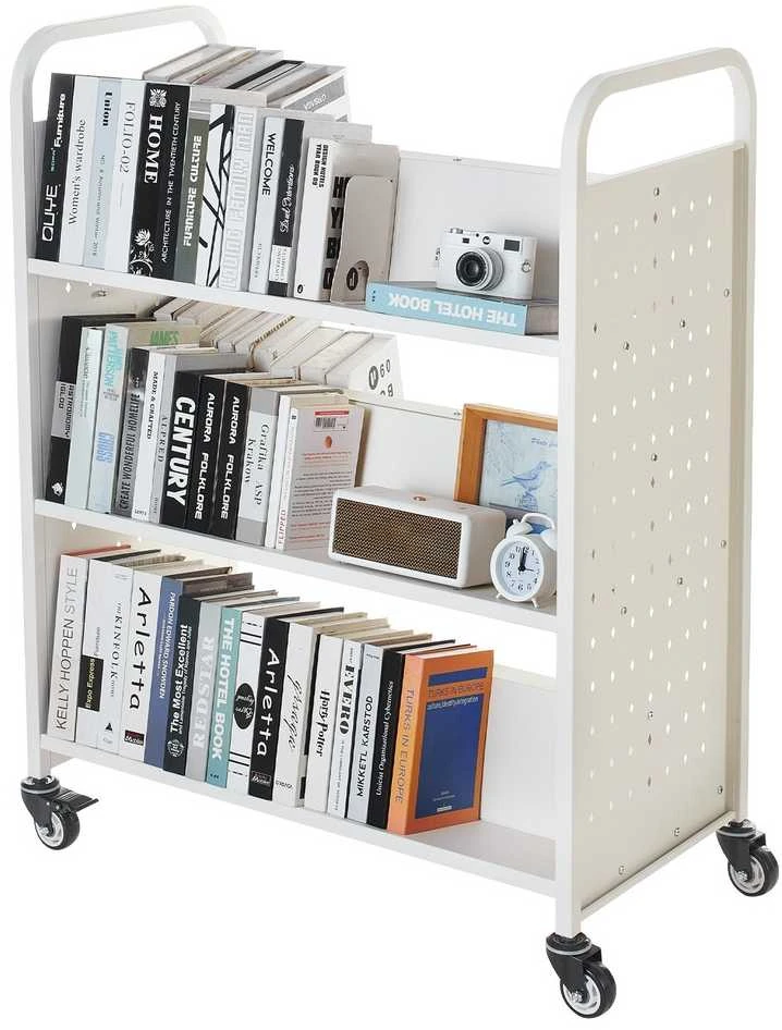 3 pakopų mobili bibliotekėlė, dvigubos W formos lentynos, balta, tvirta, biuro, mokyklos, knygų vežimėlis, dokumentų laikymo stendas