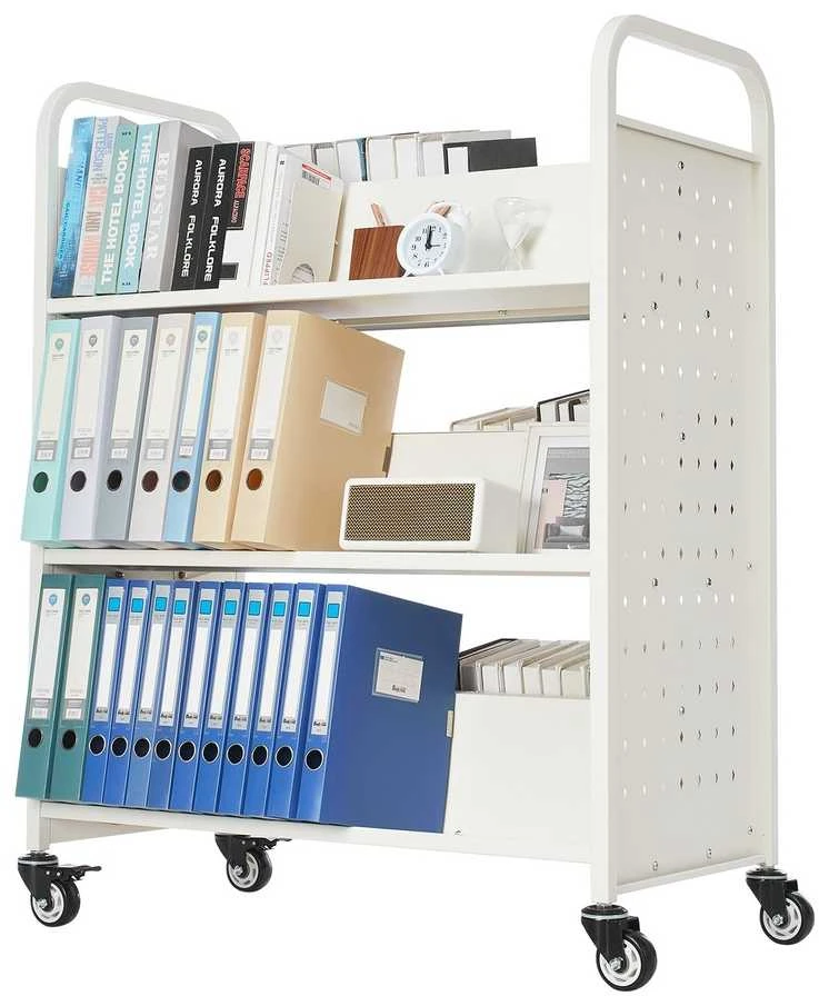 3 pakopų mobili bibliotekėlė, dvigubos W formos lentynos, balta, tvirta, biuro, mokyklos, knygų vežimėlis, dokumentų laikymo stendas