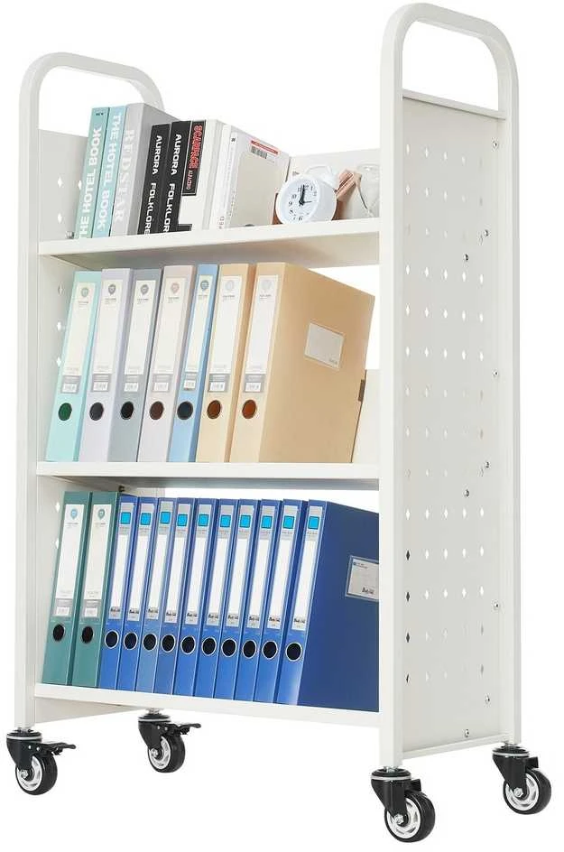 3 pakopų mobili bibliotekėlė, V formos lentynos, balta, knygų vežimėlis, ratukai, metalinė
