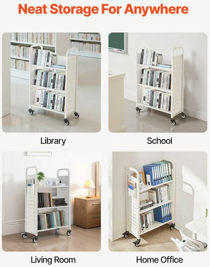3 pakopų mobili bibliotekėlė, V formos lentynos, balta, knygų vežimėlis, ratukai, metalinė