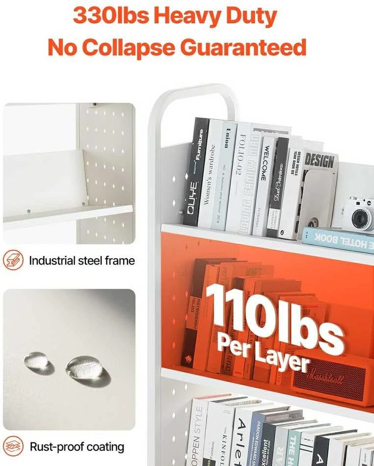 3 pakopų mobili bibliotekėlė, V formos lentynos, balta, knygų vežimėlis, ratukai, metalinė