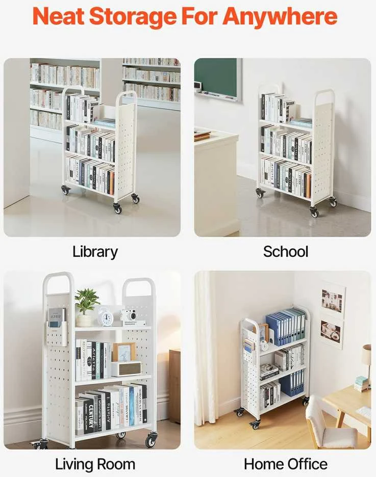 3 pakopų mobili bibliotekėlė, vienpusė L formos, balta knygų vežimėlis, tvirtas, skirta klasei, mokyklinė lentyna