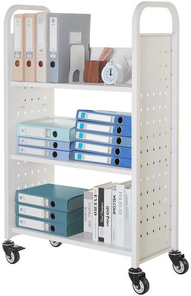 3 pakopų mobili bibliotekėlė, vienpusė L formos, balta knygų vežimėlis, tvirtas, skirta klasei, mokyklinė lentyna