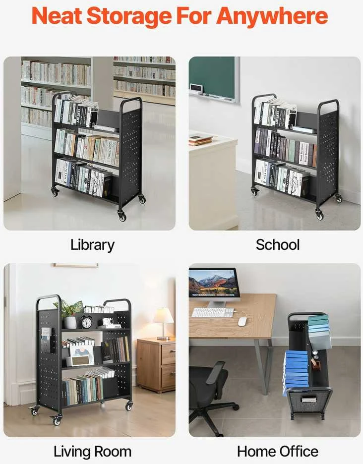 3 pakopų riedantis knygų vežimėlis, dvigubas, W formos lentynos, tvirtas, mobilus bibliotekos vežimėlis, organizatorius, knygų stumdukas