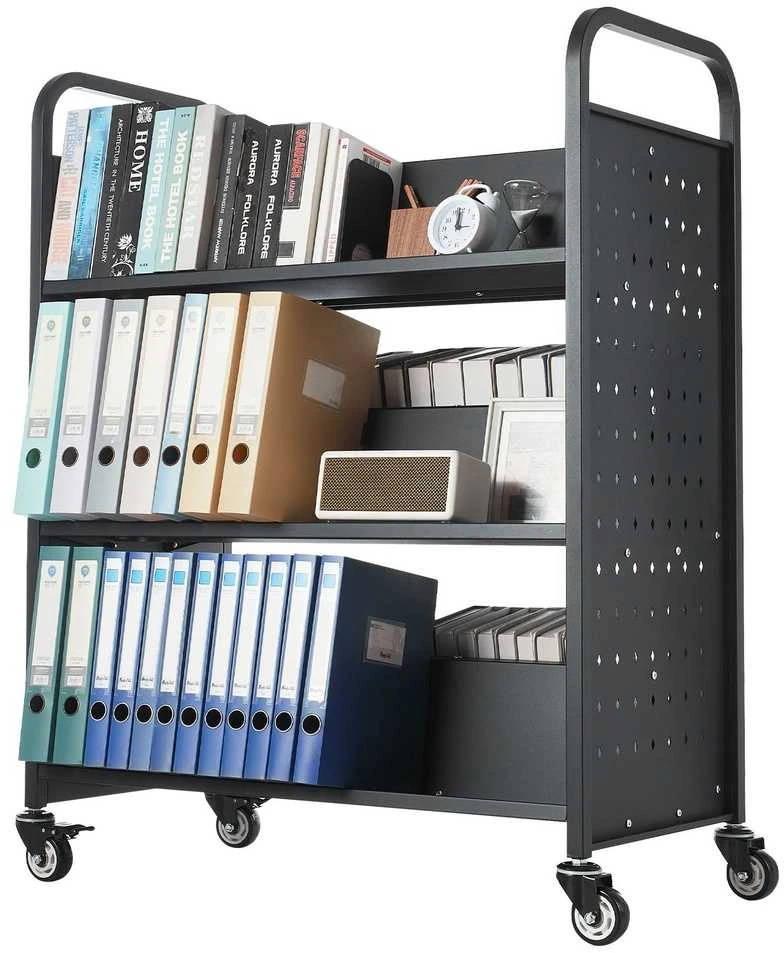 3 pakopų riedantis knygų vežimėlis, dvigubas, W formos lentynos, tvirtas, mobilus bibliotekos vežimėlis, organizatorius, knygų stumdukas