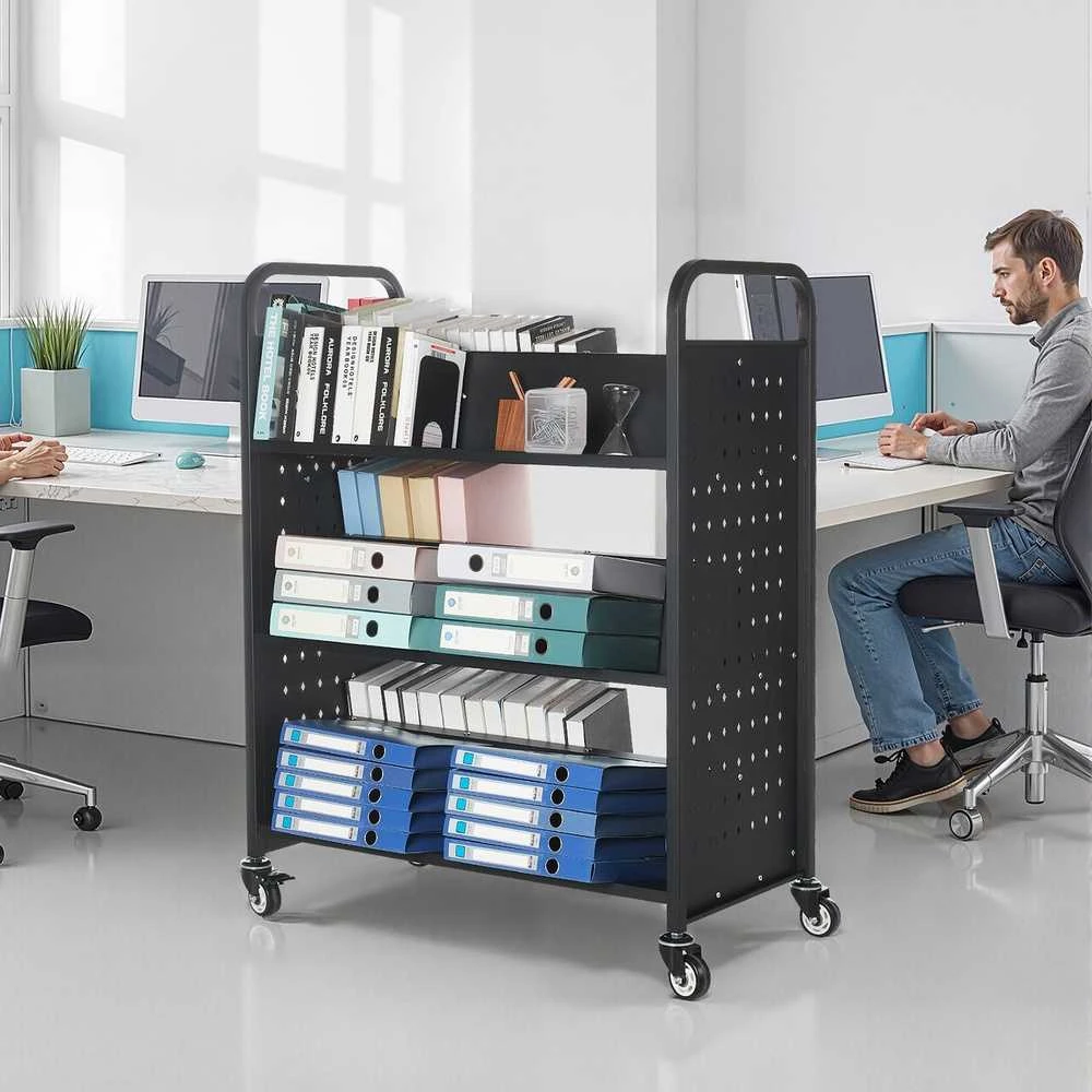 3 pakopų riedantis knygų vežimėlis, dvigubas, W formos lentynos, tvirtas, mobilus bibliotekos vežimėlis, organizatorius, knygų stumdukas