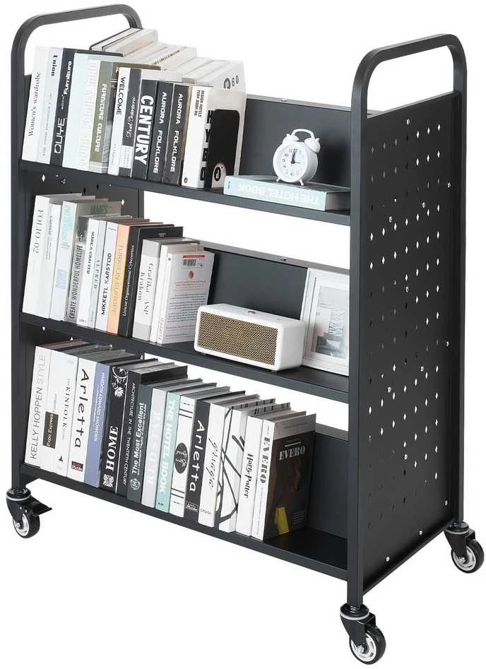 3 pakopų riedantis knygų vežimėlis, dvigubas, W formos lentynos, tvirtas, mobilus bibliotekos vežimėlis, organizatorius, knygų stumdukas