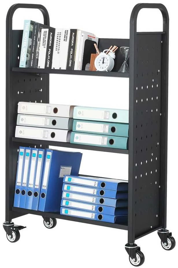 3 pakopų riedukas knygoms, V formos lentynos, juodas knygų vežimėlis, mobili lentyna, bibliotekos vežimėlis mokyklai
