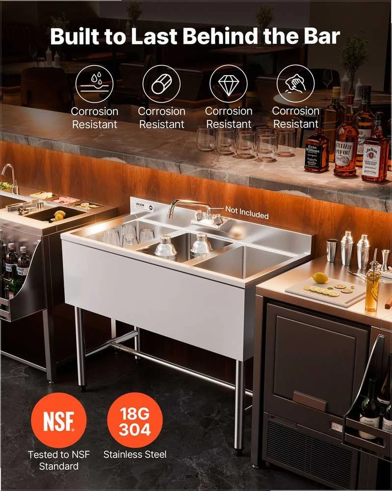 3 skyrių plautuvė, 18 kalibro nerūdijančio plieno plautuvė po baru su sienele ir efektyviu drenažu, komercinė virtuvės kriauklė restoranui, maisto vagonėliui ir namams, nerūdijančio plieno baldai