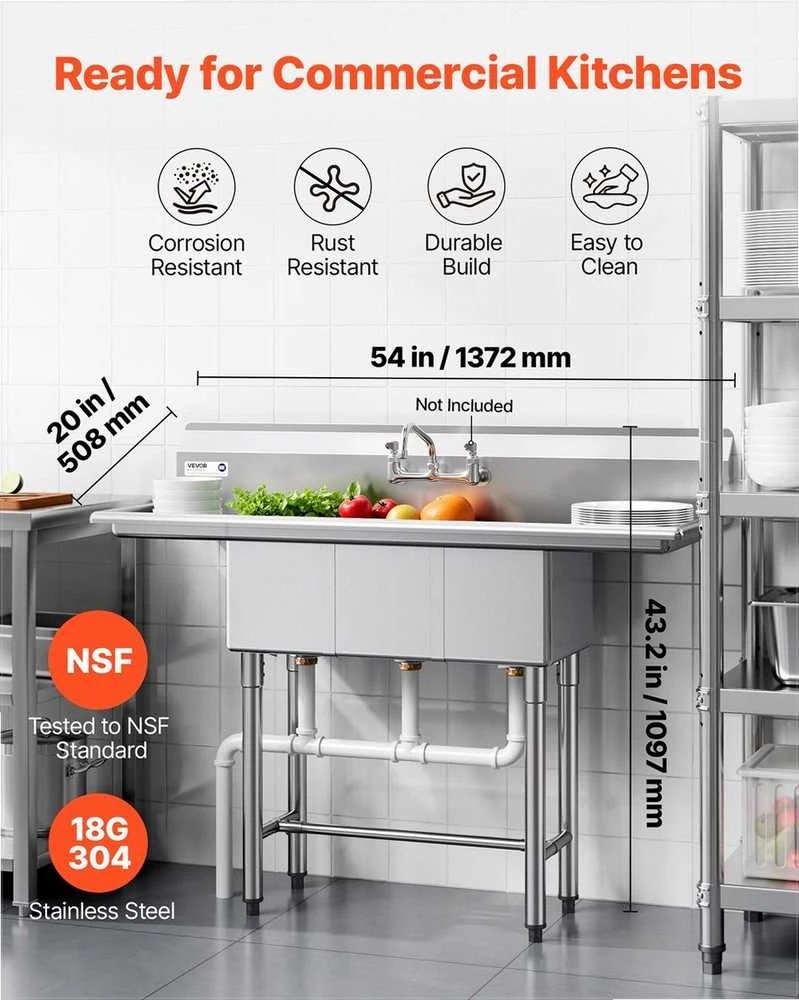 3 skyrių plautuvė, komercinė virtuvės paruošimo ir ūkinė kriauklė, su 2 nusausinimo padėklais ir sienele, nerūdijančio plieno 3 dalių plautuvė, restoranams ir maisto vagonėliams