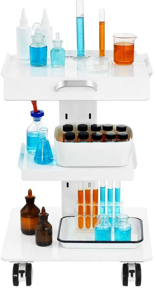 3 sluoksnių laboratorinis vežimėlis, metalinis riedėjimo vežimėlis su pasukamaisiais ratukais, mobilus klinikos vežimėlis
