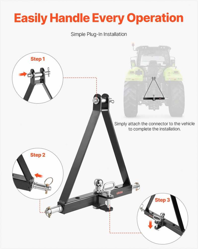 3 taškų pakabos imtuvas, sunkiasvoris traktoriaus vilkimo sijos adapteris su 50 mm jungtimi, 2722 kg galia, 3pt greito prijungimo jungtis, žemės ūkio technikai