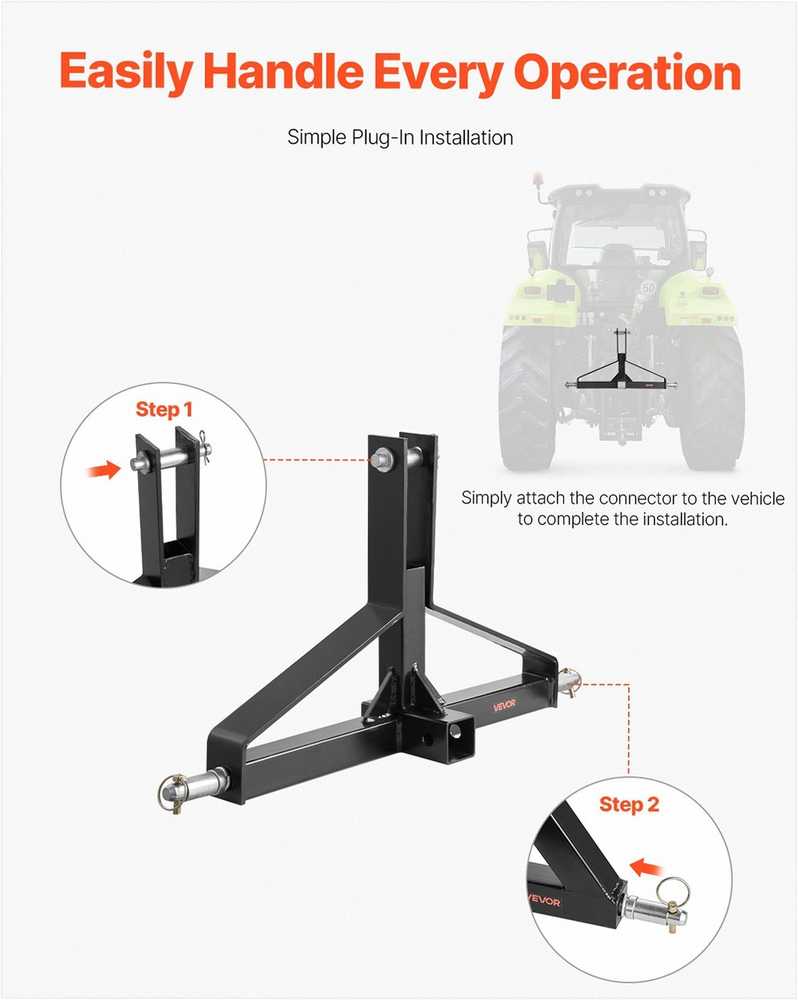 3 taškų priekabos vilkimo jungtis, 50.8 mm imtuvas 1 kategorijos traktoriui, 1360.78 kg galios adapteris, suderinama su Kubota Mahindra Ford Yanmar John Deere, žemės ūkio technikos priedas